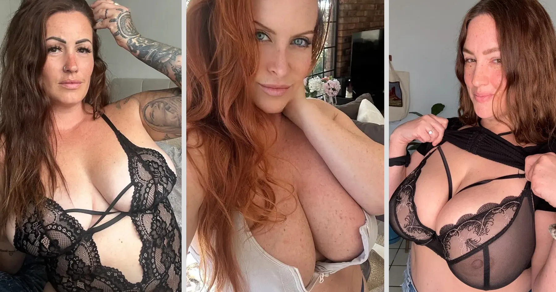 Collage of three tattooed and curvy MILF OnlyFans models posing in black and white lace lingerie with confident expressions and revealing cleavage